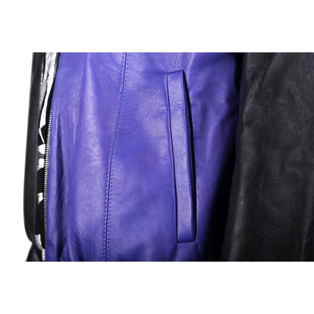 Black and Purple Leather Bomber Jacket with Silver Print Motif - Image 2