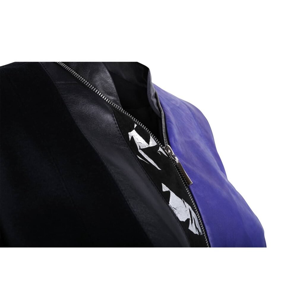 Black and Purple Leather Bomber Jacket with Silver Print Motif - Image 3