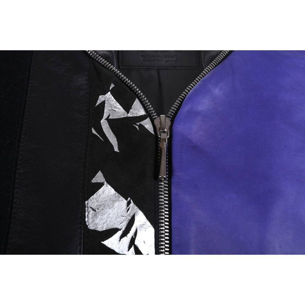 Black and Purple Leather Bomber Jacket with Silver Print Motif - Image 4