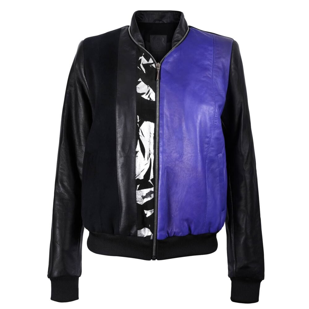 Black and Purple Leather Bomber Jacket with Silver Print Motif