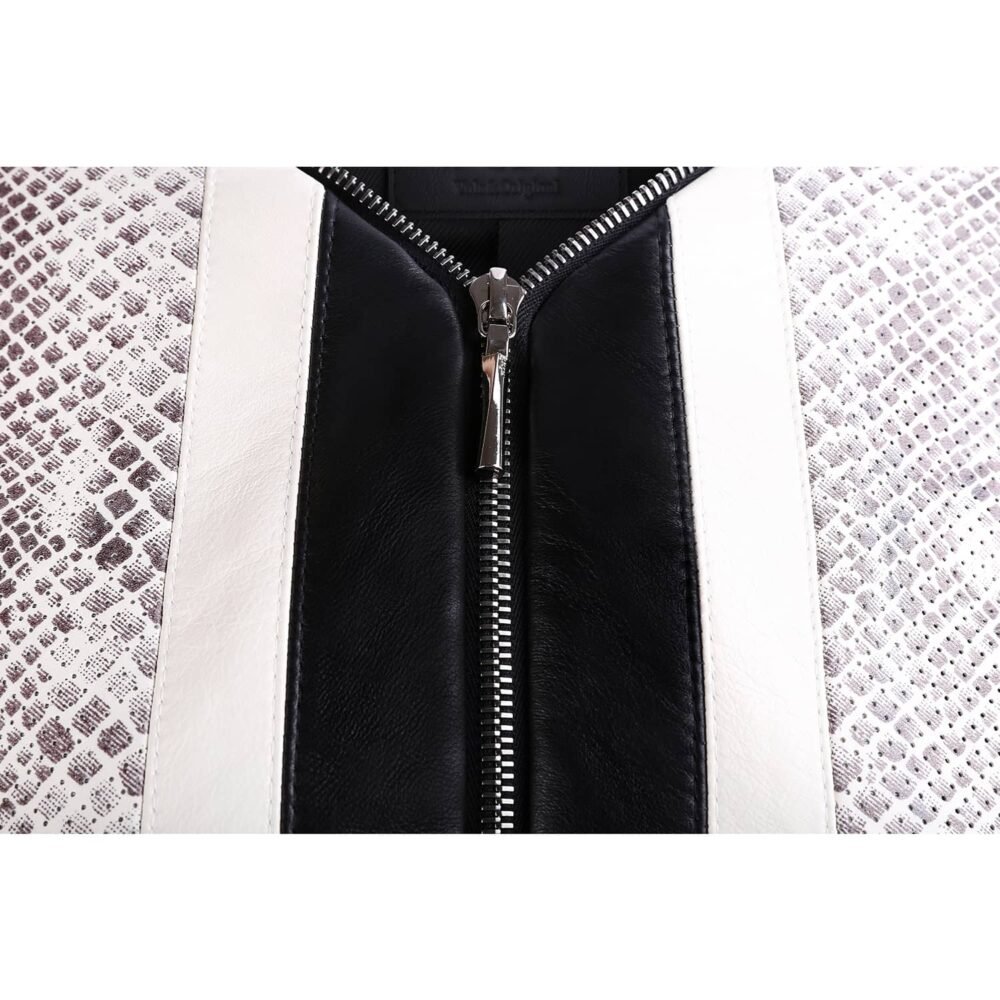 Black Leather Bomber Jacket with Snake Print - Image 2