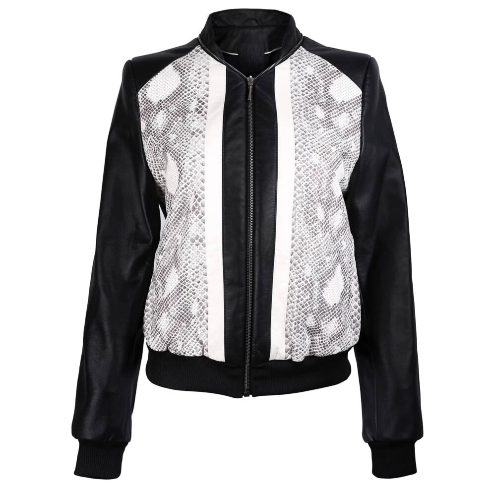 Black Leather Bomber Jacket with Snake Print