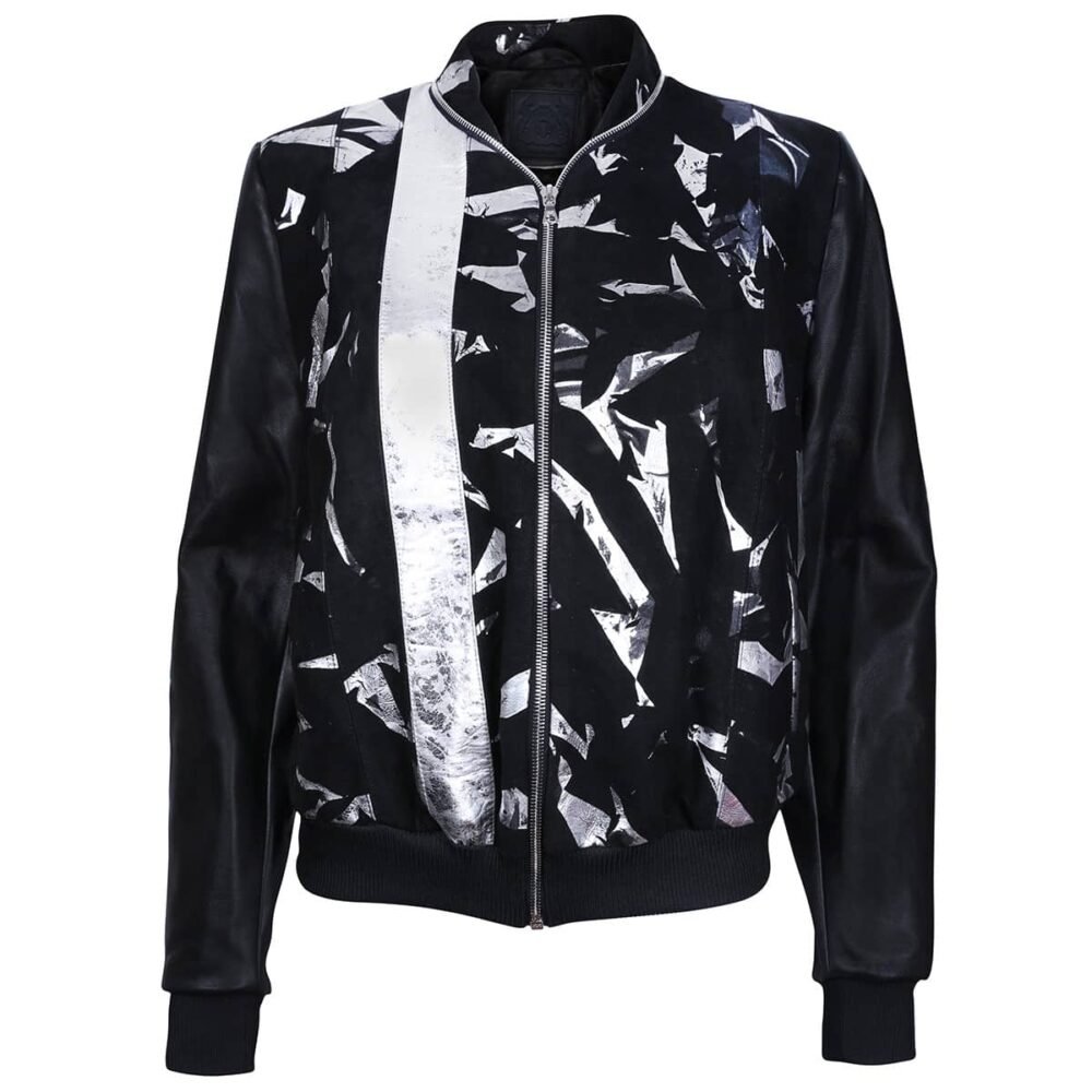 Black Suede Leather Bomber Jacket with Metallic Print Motif