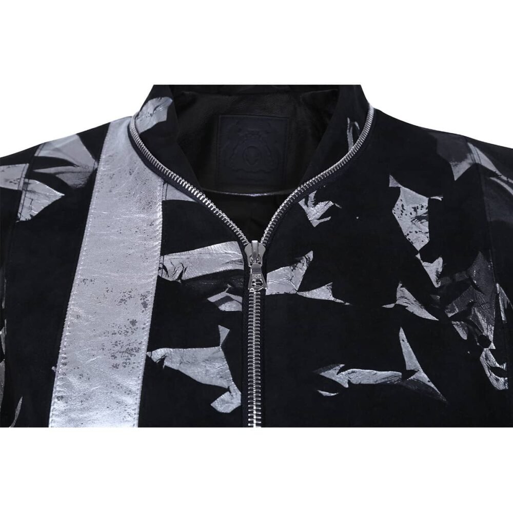 Black Suede Leather Bomber Jacket with Metallic Print Motif - Image 2