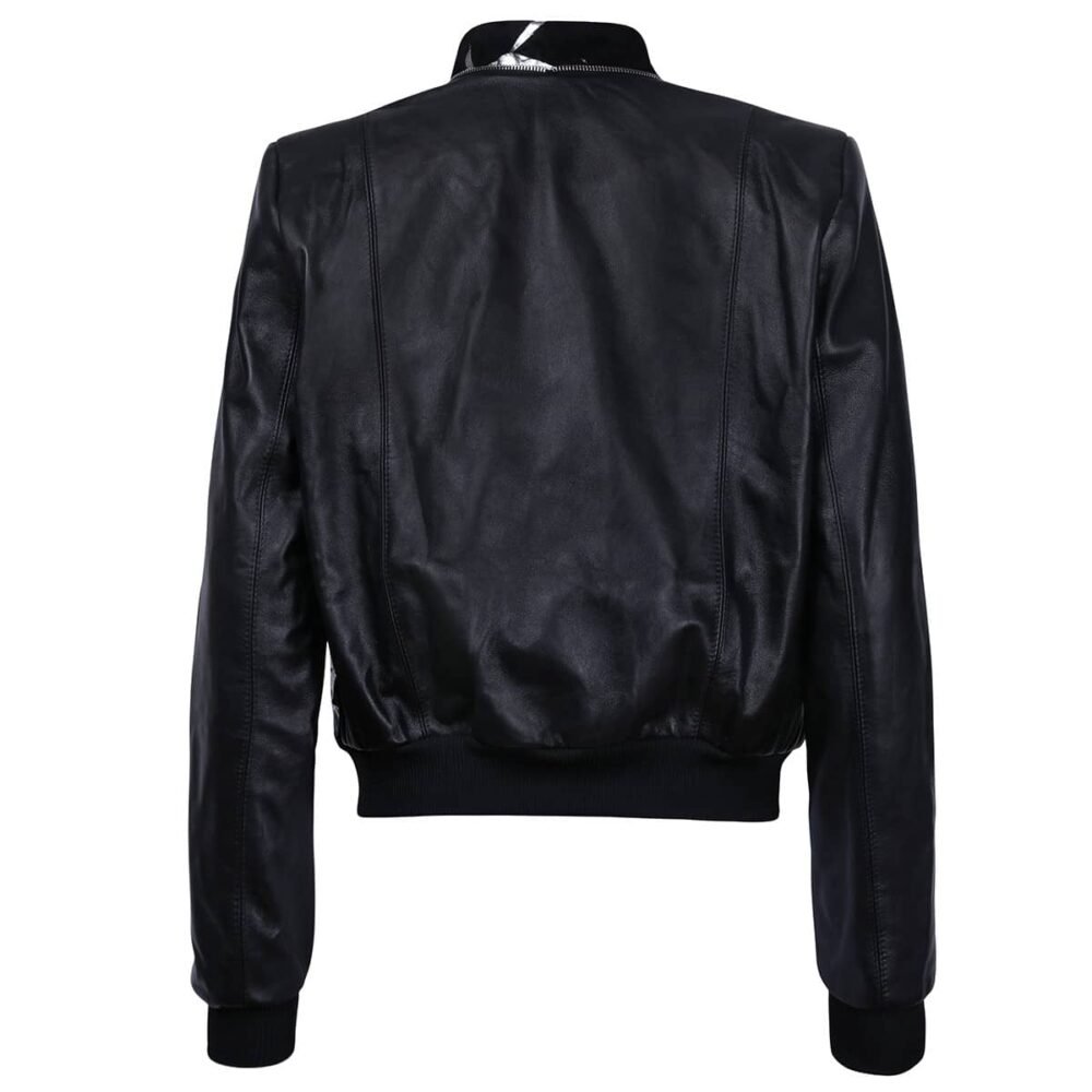 Black Suede Leather Bomber Jacket with Metallic Print Motif - Image 4