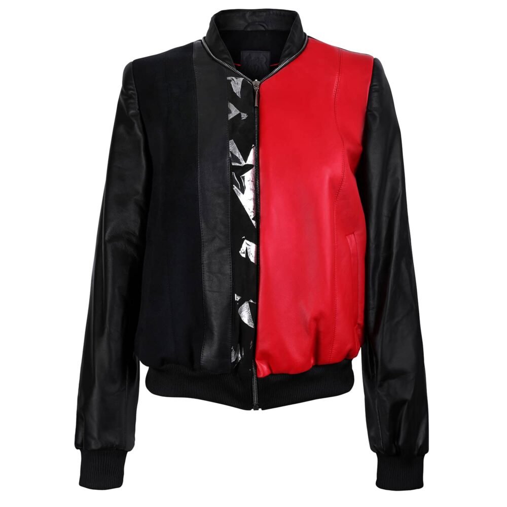 Black and Red Leather Bomber Jacket with Silver Print Motif