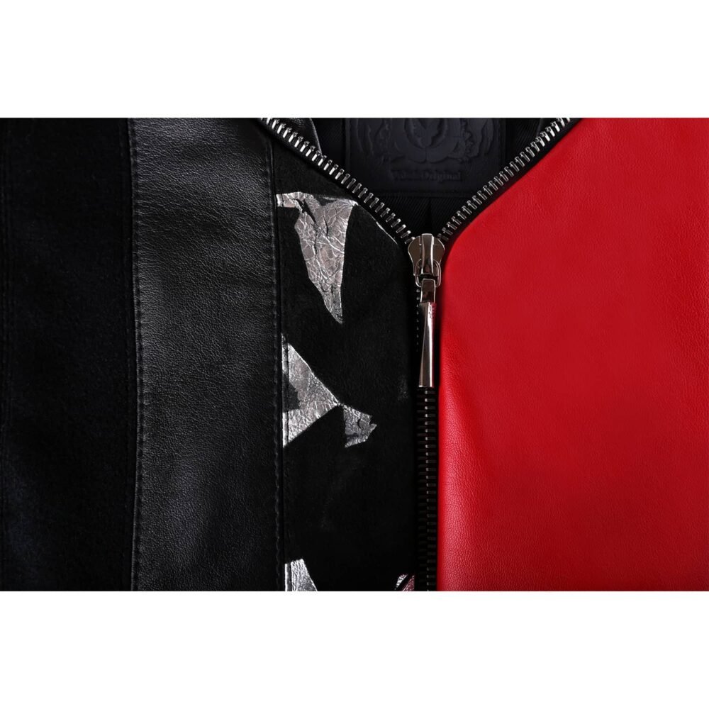 Black and Red Leather Bomber Jacket with Silver Print Motif - Image 2