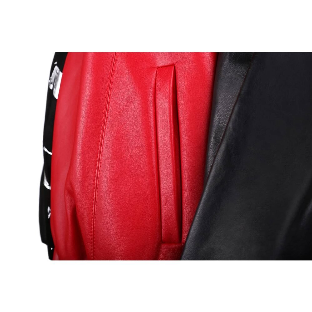 Black and Red Leather Bomber Jacket with Silver Print Motif - Image 3