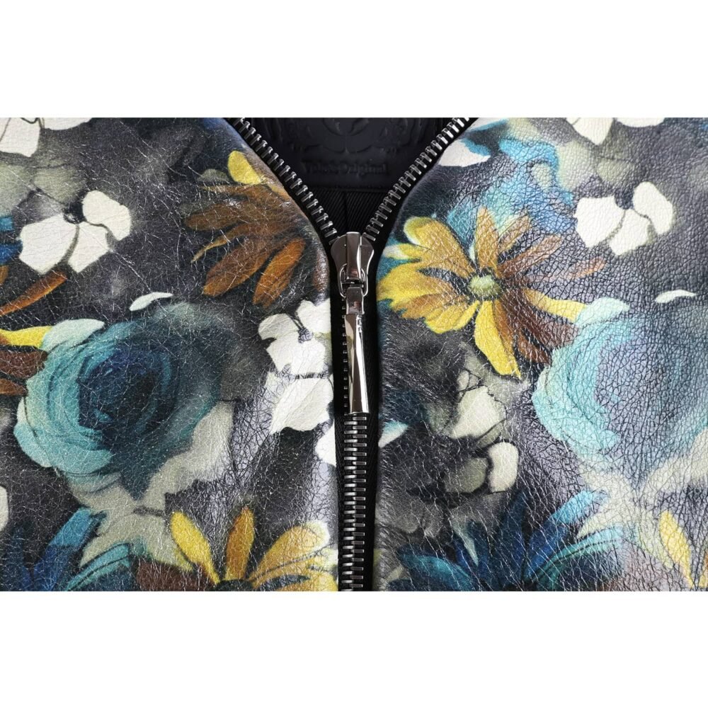 Floral Print Black Leather Bomber Jacket - Image 2