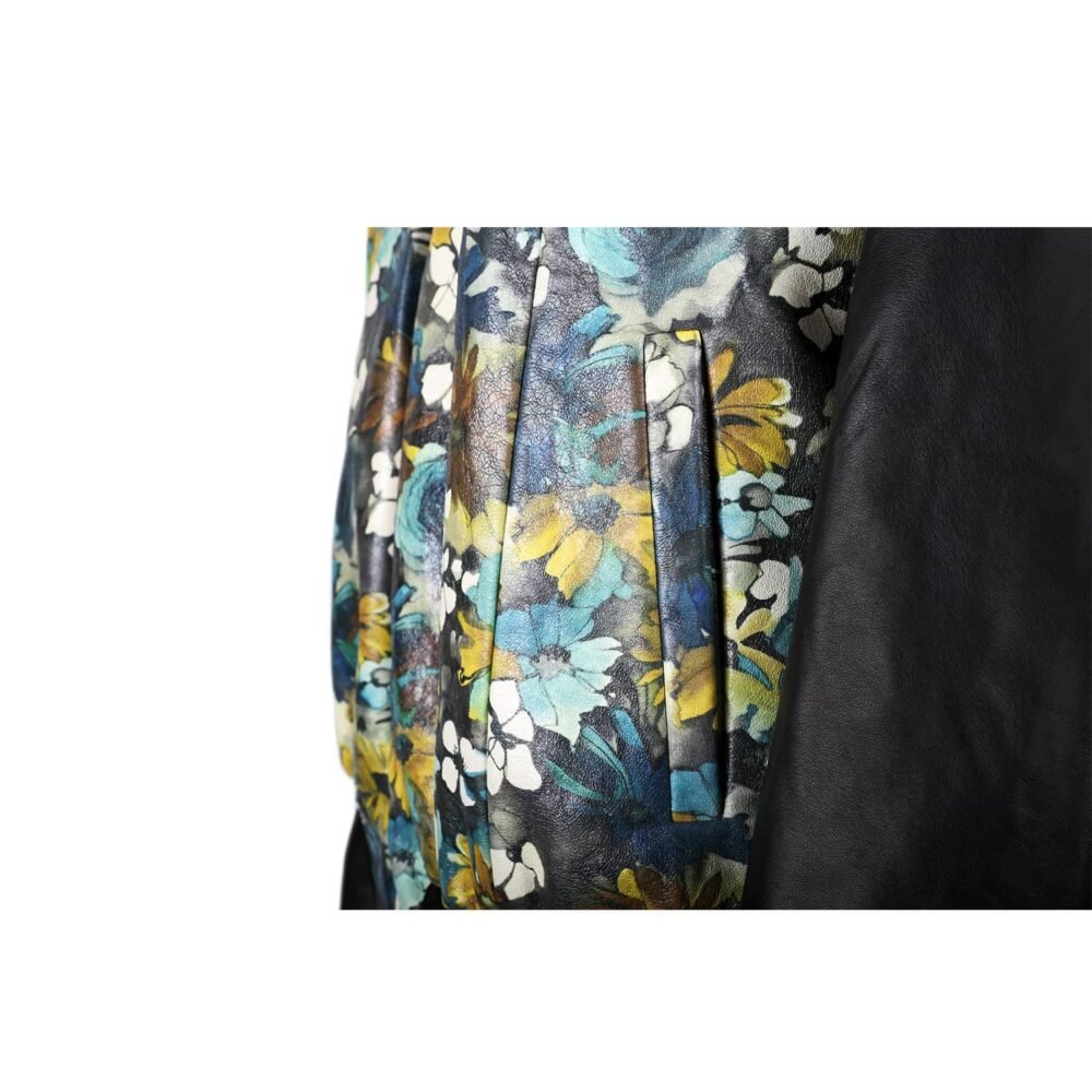 Floral Print Black Leather Bomber Jacket - Image 3