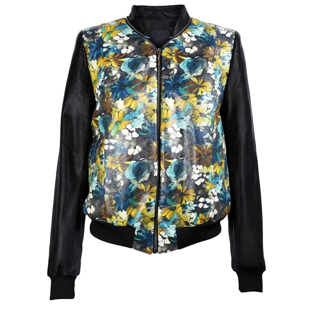 Floral Print Black Leather Bomber Jacket