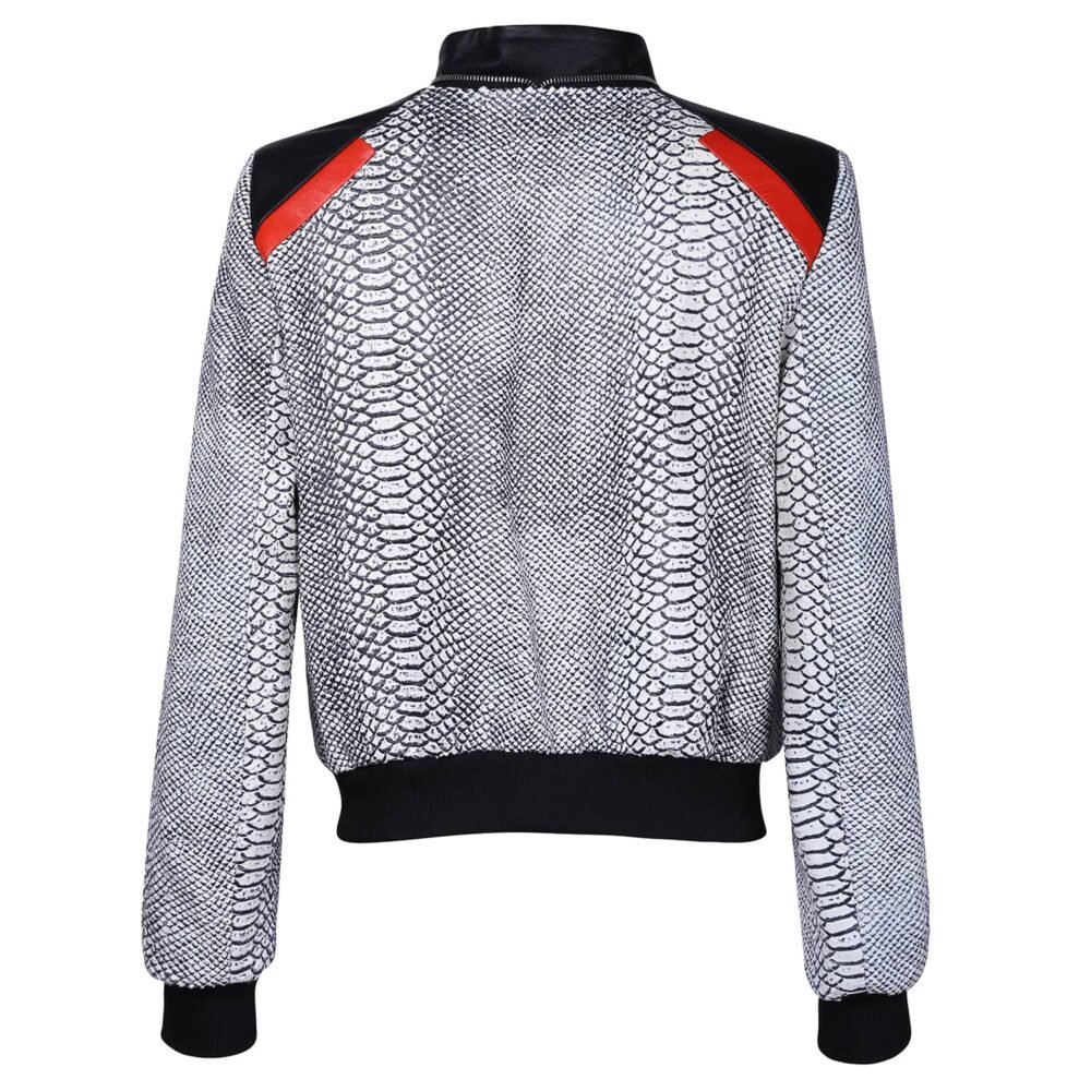 Monochrome Snake Leather Bomber Jacket with Red Motif - Image 4