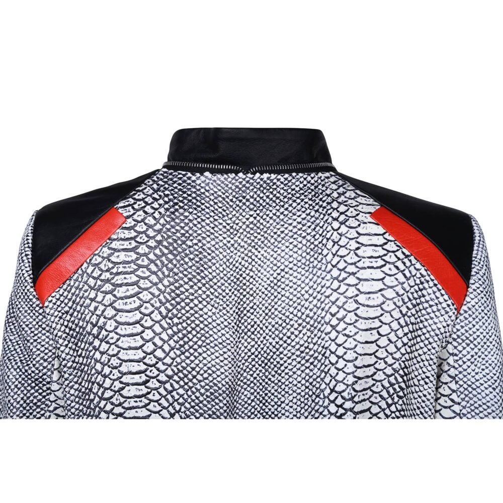 Monochrome Snake Leather Bomber Jacket with Red Motif - Image 2