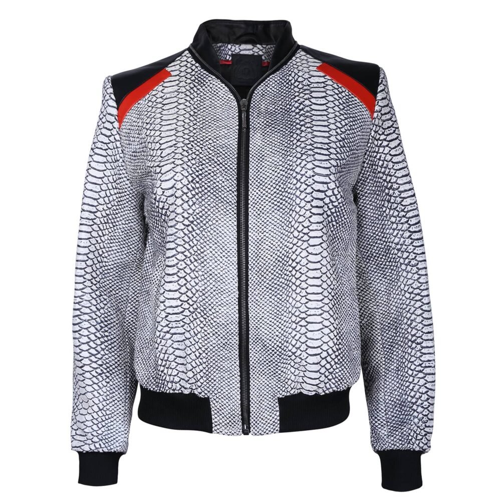 Monochrome Snake Leather Bomber Jacket with Red Motif